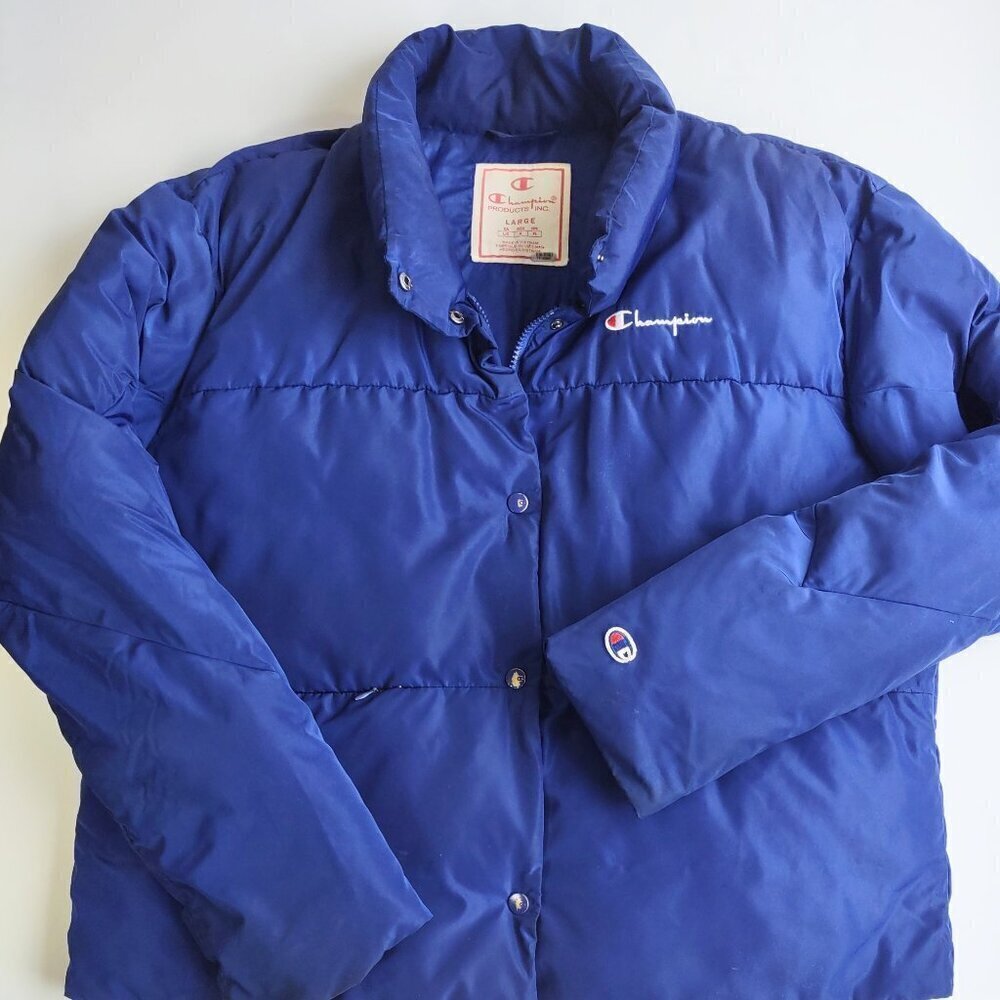 Champion Blue Script Crop Puffer Jacket Sporty Outdoor Streetwear Women's Large - Picture 11 of 11